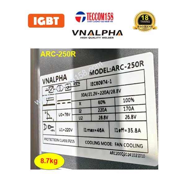 VNALPHA ARC-250R input 220v cấu hình 6 BO 4 IGBT đầu tiên tại VN hàn que 2.5-5.0mm kết hợp TIG LIFT