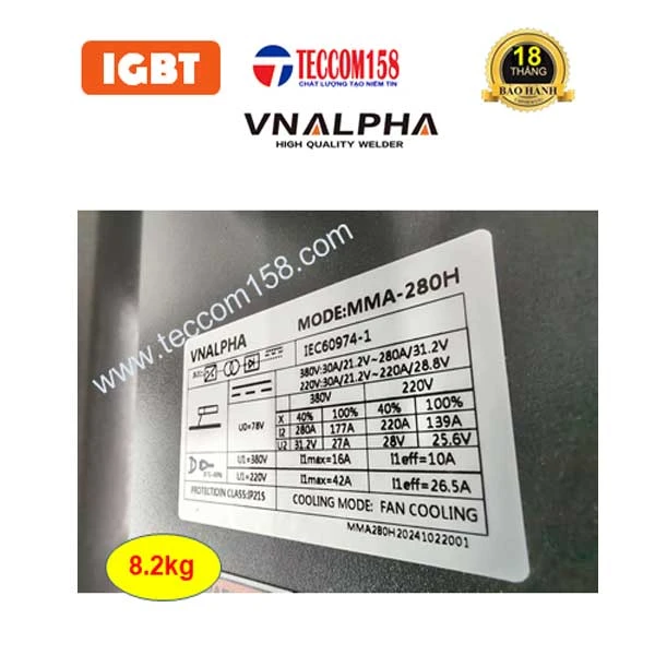 VNALPHA MMA-280H cấu hình 6 Bo 4IGBT đầu tiên tại VN, dải điện rộng, hàn que 2.5-5.0 ly, chế độ MMA + TIG LIFT